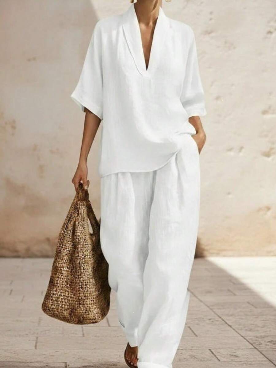 2026 nuevo juego de dos piezas de lino minimalista casual y cómodo en color sólido para mujeres - Blanco - Ver 1