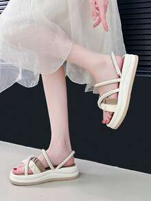 Nuevas sandalias reversibles para mujer, pantuflas con suela blanda y cómoda, zapatos con decoración de perlas y contraste de color - Caqui blanco - Ver 2