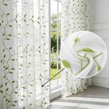 1pc Modern American Embroidered Green Leaf Sheer Curtain Panel, Artistic Fresh Style, High-End Quality, Grommet Top, Suitable For Living Room, Bedroom, Bay Window, Balcony, Study - Green - View 7