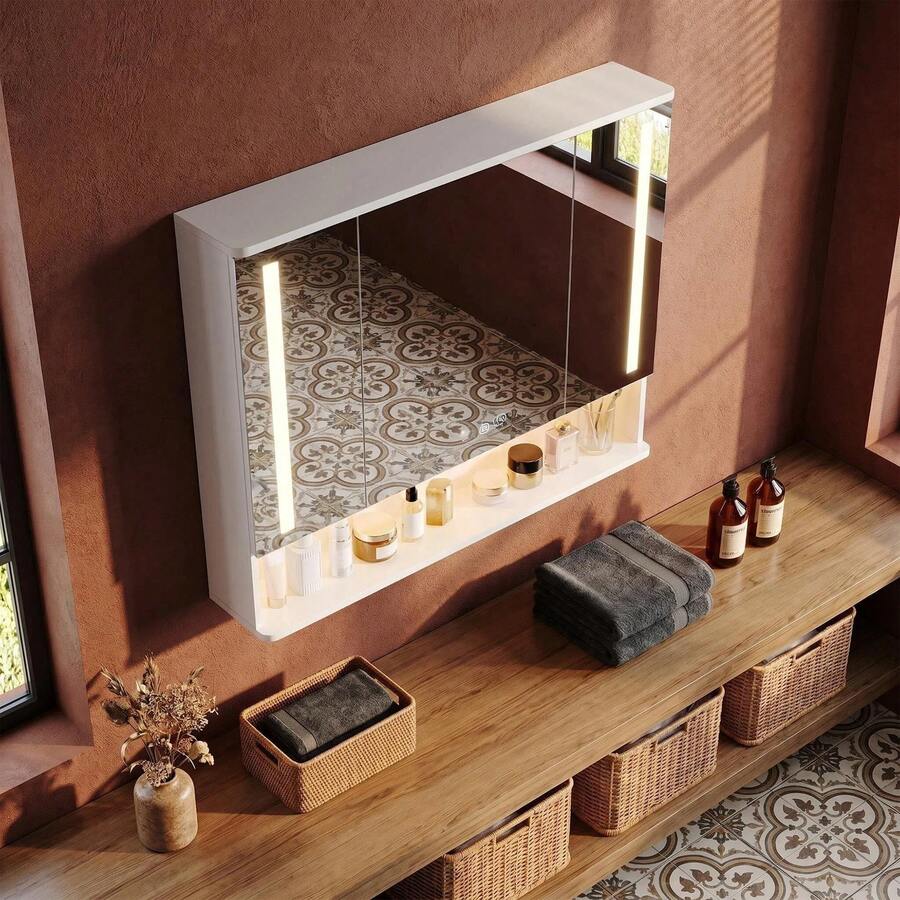HaluPeit Mobiletto con specchio a tre ante, largo 90,8 cm: specchio su tre lati + illuminazione LED intelligente + vano contenitore. Design minimalista, ideale per bagno e camera da letto. - Bianco - Visualizzare 1
