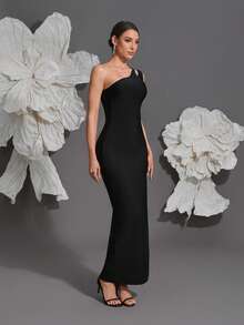Asymmetric Knit Bandage Bodycon Dress, European And American Luxury Fashion New Style, Sexy Open Slit Hem Wedding Black Party - Black - View 5
