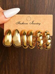 NAIZHU 3/9 Pairs Set European And American Fashionable Metallic Water Drop Geometric C-Shaped Earrings, Suitable For Daily Wear, Dates, Parties - Gold - View 15