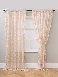 1pc French Countryside Style Floral Lace Trim Curtain Sheer, Holiday Decor - Beige - View 3