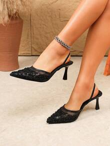 Sexy Mode Mesh Perlen Spitze Zeh Lack Absatz Lässig vielseitige Knöchelriemen Schwarze High Heel Sandalen für Frauen - Schwarz - Übersicht 3