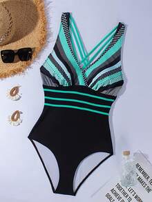 Maillot de bain une pièce sans manches col V profond patchwork rayures géométriques été 2026 plage vacances - Multicolore - Voir 2