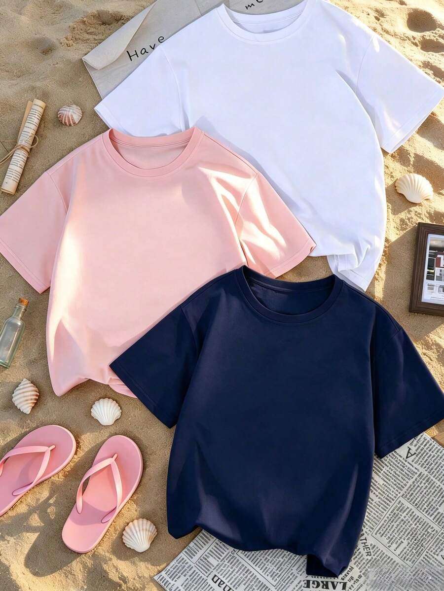 Set Of 3 Minimalist And Casual Summer Short-Sleeved Crew Neck T-Shirts, Versatile And Fashionable Tops For Women - 彩色 - 查看 1