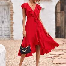 Fengyu Women's Clothing Store Vestido envolvente con cinturón y volantes de tela sólida para Año Nuevo, ropa de vacaciones y atuendos de playa para mujeres - Rosa - Ver 6
