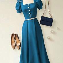 Soqi Women's Clothing Vestido midi elegante y versátil de color azul marino con botones decorativos y cintura ceñida, para uso casual y de oficina, para primavera/verano - Morado - Ver 7
