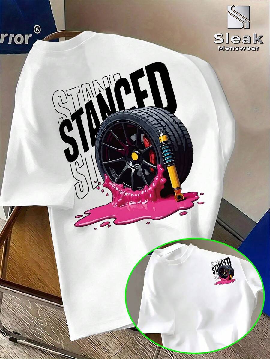 STANCED Men's Low Profile Car Modification T-Shirt - Graffiti Print With Racing Wheel Hub And Shock Absorber Design, Pink Liquid Splatter Design, Suitable For Car Enthusiasts, Streetwear, Daily Commuting, Machine Washable Summer T-Shirt - 白色 - 查看 1
