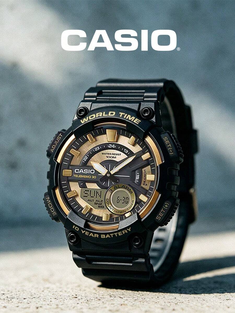 Đồng hồ Casio nam, mặt số kim, dây đeo nhựa màu đen vàng, pin dùng được 10 năm, chống nước 100M, giờ thế giới, đồng hồ thể thao AEQ-110BW-9A - màu đen - Xem 1