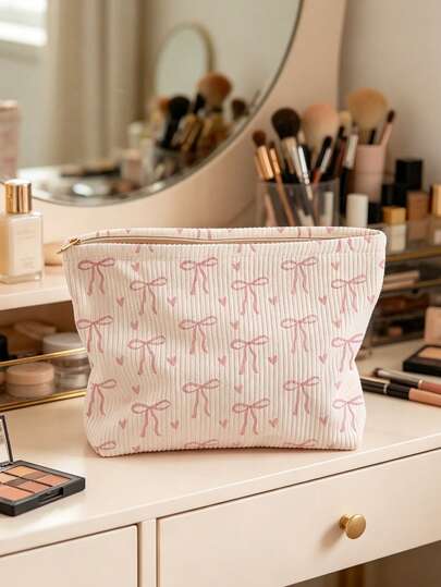 1pc Portable Makeup Bag With Bow Decor, Double-Sided Print, Zipper Travel Cosmetic Pouch, Multifunctional Toiletry Organizer,Fall Decor,Autumn Decor,Room Decor