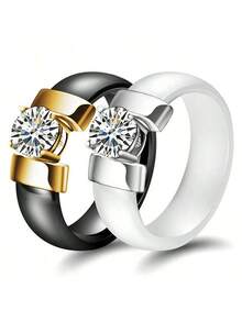 Pinannie 6mm Ceramic Rings For Women, Engagement Promise Ring Size 5-12, Hypoallergenic Cubic Zirconia Wedding Band For Her, Scratch-Resistant Elegant Jewelry - Ceramics - View 1