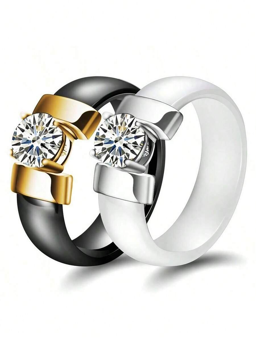 Pinannie 6mm Ceramic Rings For Women, Engagement Promise Ring Size 5-12, Hypoallergenic Cubic Zirconia Wedding Band For Her, Scratch-Resistant Elegant Jewelry - Ceramics - View 1