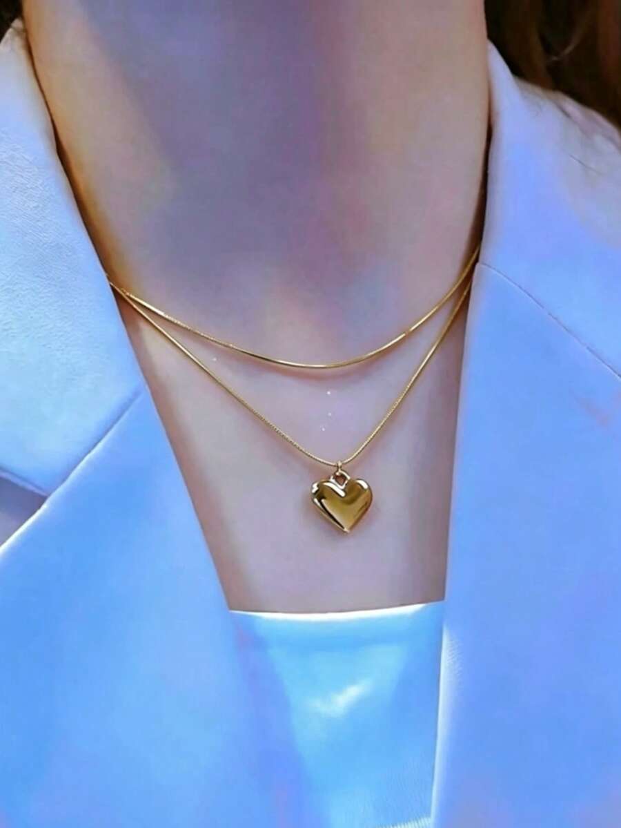 Dây chuyền nữ hai lớp trơn hình trái tim, phù hợp đeo hàng ngày - Vàng - Xem 1