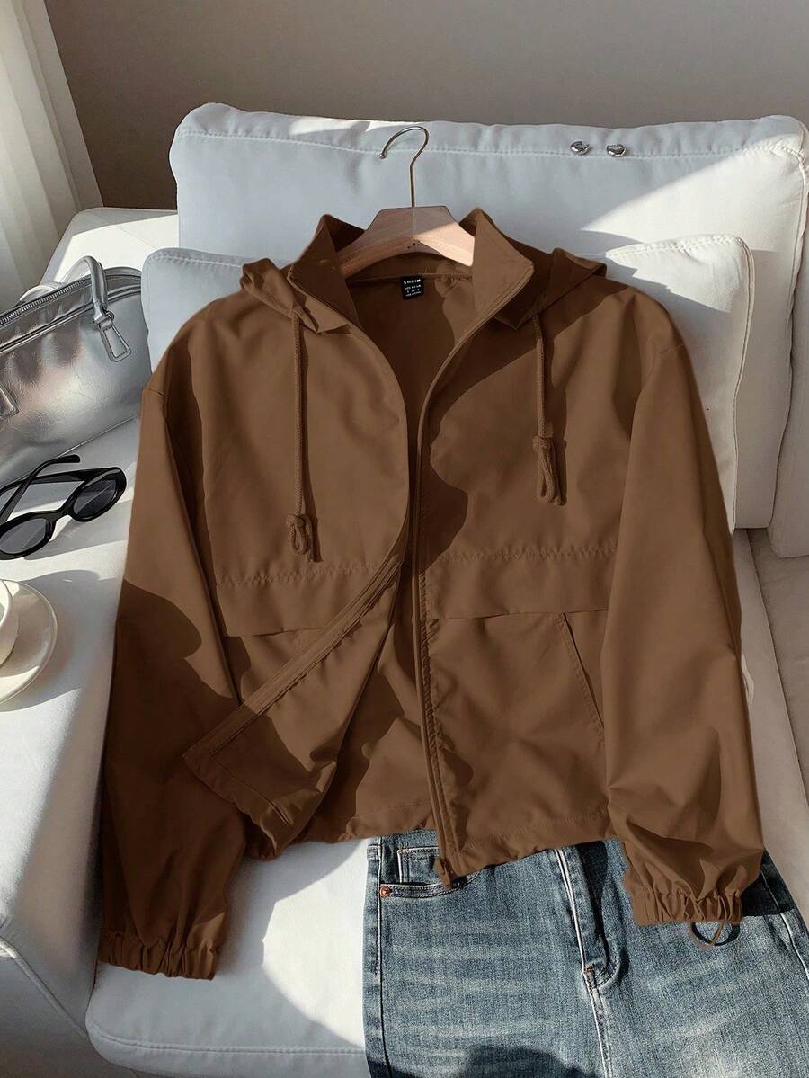 Chaqueta ligera con capucha con cordón, unicolor minimalista y casual para mujer, primavera/otoño - Café integral - Ver 1