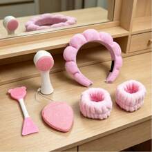 Juego de herramientas de cuidado de la piel y limpieza 6 en 1, incluye cepillo facial manual, esponja exfoliante, cepillo de silicona de doble punta para mascarillas, banda para el cabello tipo nube y muñequera absorbente. Kit de cuidado facial todo en uno para limpieza diaria y desmaquillado. - Colocar - Ver 3