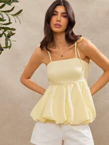 Top de tirantes con lazo, cuello cuadrado, espalda fruncida y bajo abullonado, estilo vaquero, para vacaciones de primavera y playa - Amarillo - Ver 1
