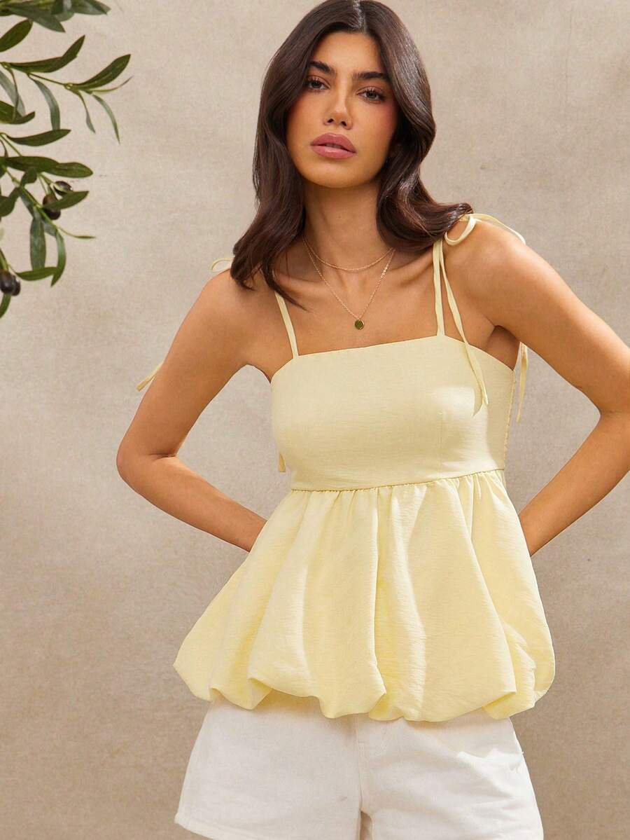 Top de tirantes con lazo, cuello cuadrado, espalda fruncida y bajo abullonado, estilo vaquero, para vacaciones de primavera y playa - Amarillo - Ver 1
