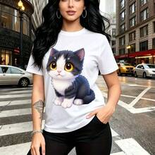 Camiseta de mujer con estampado de gatito caricaturesco gris y blanco de ojos amarillos - camiseta casual de manga corta con ajuste cómodo y estilo urbano moderno - ideal para paseos por la ciudad, días lluviosos y regalo perfecto para mamá, esposa, - Blanco - Ver 9
