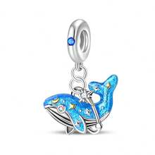 1 pezzo Ciondolo a tema Oceano Blu & Spazio, Perla in smalto placcata argento a forma di animale e stella, Adatto per braccialetti fai-da-te, collane e accessori per la creazione di gioielli - Blu - Visualizzare 2