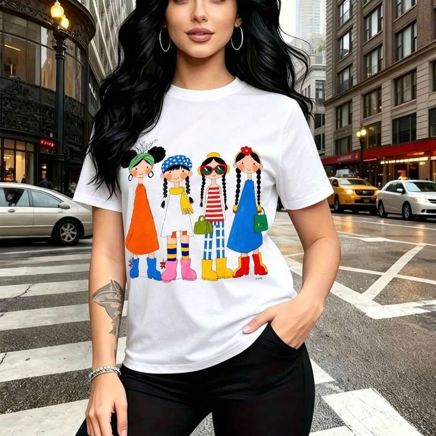 Camiseta de mujer con estampado colorido de cuatro figuras femeninas estilizadas en vibrantes tonos naranja, amarillo y azul - camiseta casual de manga corta con cuello redondo, ajuste cómodo y moderno para el estilo urbano mexicano - ideal para pase - Blanco - Ver 1