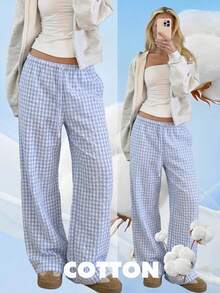 Pantalones de mujer a cuadros azules, de moda y rentables, adecuados para uso casual, vacaciones, hogar y playa.Pantalones palazzo de lino para chicas jóvenes - Multicolor - Ver 1
