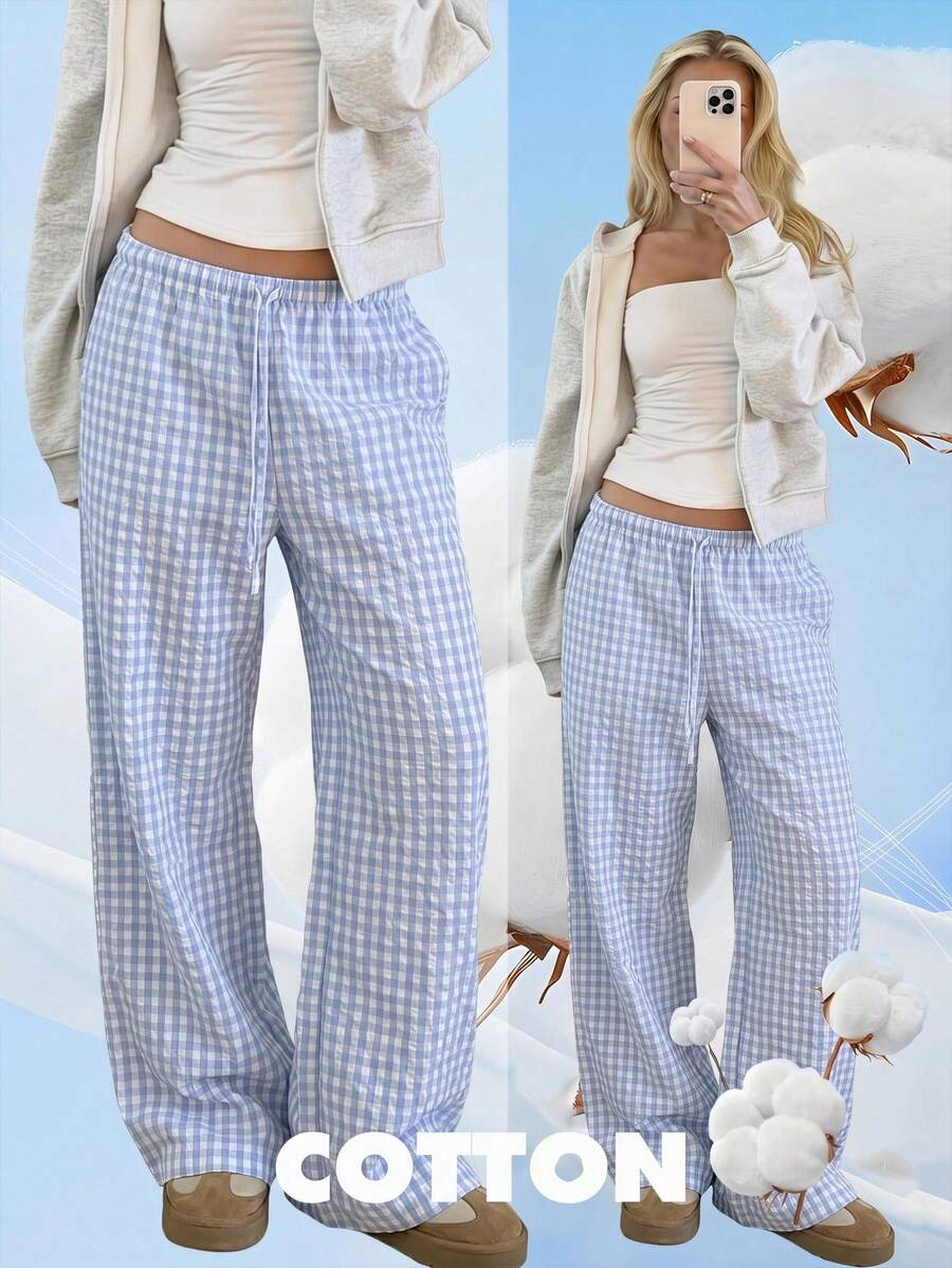 Pantalones de mujer a cuadros azules, de moda y rentables, adecuados para uso casual, vacaciones, hogar y playa.Pantalones palazzo de lino para chicas jóvenes - Multicolor - Ver 1