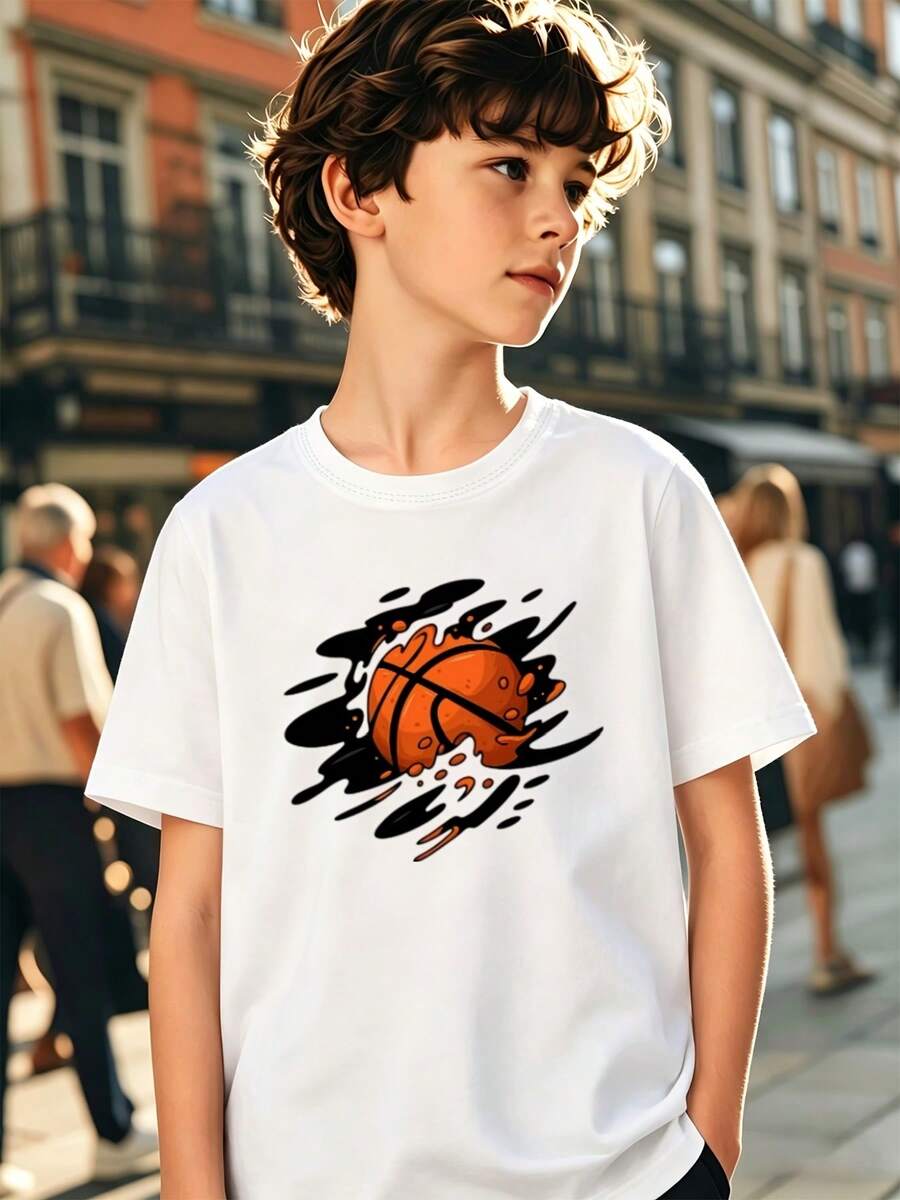 Boys' Summer Round Neck Short Sleeve T-Shirt, Easy Fashion Print Design, Outdoor Casual Athletic Top playeras de niño ropa de niño ropa de niña graphic tee - Blanco - Ver 1