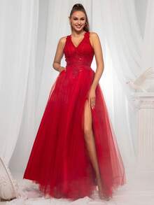 VIPGIRL Deep V-Neck High Slit Hem Mesh Evening Gown Dress - Red - View 3