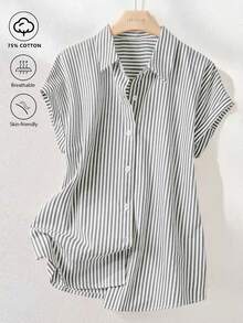 Camisa de manga corta a rayas vintage, de moda para ir al trabajo en verano - Blanco y Negro - Ver 1