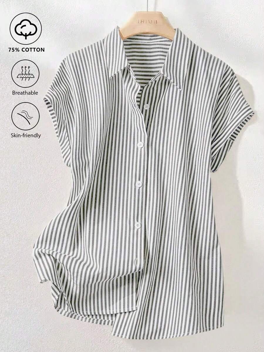 Camisa de manga corta a rayas vintage, de moda para ir al trabajo en verano - Blanco y Negro - Ver 1