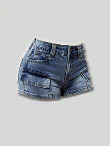 Shorts cortos de mujer de mezclilla con estampado de camuflaje - Azul lavado medio - Ver 1