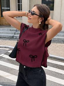 2026 Chaleco de mujer con cuello de contraste, sin mangas, decorado con lazo.Chaleco de punto holgado con cuello alto pequeño, lazo 3D, casual.Suéter de cuello redondo casual, decorado con concha a ganchillo, con ribete de color contrastante, para otoño/invierno - Burdeos - Ver 1