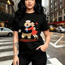 Camiseta de mujer con estampado divertido de  abrazando a  en colores vibrantes - camiseta casual de manga corta con cuello redondo, ajuste cómodo y suave al tacto, estilo urbano y nostálgico ideal para pasear por la ciudad, ir de comp - Negro - Ver 9