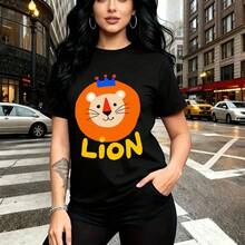 Camiseta de mujer con estampado de león caricaturesco colorido con corona azul y joyas rojas sobre fondo naranja - camiseta casual de manga corta con cuello redondo, ajuste cómodo y estilo urbano divertido - ideal para paseos por la ciudad, reuniones - Negro - Ver 7