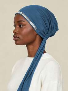 1pc Women's Fashion Solid Color Rhinestone Studded Muslim Tie Headscarf, Versatile Headwrap Hijab, Suitable For Daily Wear - 119-denim Blue - View 3