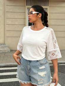 Blusa de mujer de estilo casual, elegante y diario para citas, de unicolor minimalista con bordado, parches y diseño calado en el cuello redondo y mangas cortas, de tela cómoda, nueva para primavera/verano - Blanco - Ver 7