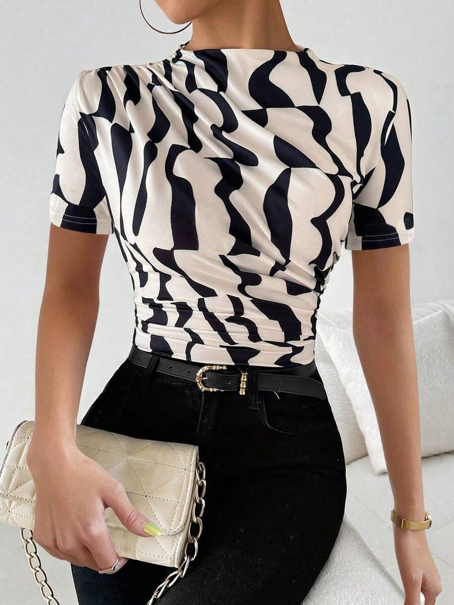 Camiseta de manga corta ajustada con pliegues de unicolor casual, verano - Albaricoque - Ver 1