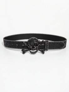 1pc Men Y2k Punk Skull Head  Decor Belt Buckle, Suitable For Matching Pants Belt Street Halloween Summer, School - Black Glitter - View 4