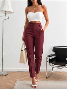 Women's Tailored Trousers, Social Casual, High-Waisted, Elegant And Comfortable, With Pockets And Covered Button. - 酒紅色 - 查看 4