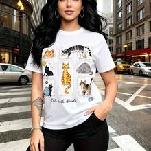 Camiseta de mujer con estampado de nueve gatitos adorables en pose variada y colorida - camiseta casual de manga corta, ajuste cómodo y fresco, estilo urbano y divertido - ideal para paseos por la ciudad, salidas casuales y regalo perfecto para mamá, - Blanco - Ver 8