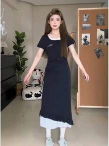 Women Short Dresses - Navy Blue Short-sleeved Long Dress - View 2