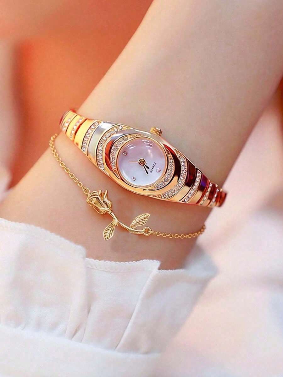 2pcs Set Fashionable Business Versatile Luxury Rhinestone Starry Elegant Quartz Watch Gift Set, Mother's Day Gift - Gold - View 1