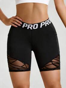 1 pieza Pantalones cortos de fitness de cintura alta con patchwork de malla para mujer, cintura con letra PRO, bolsillos dobles, secado rápido para entrenamiento, yoga, correr, ciclismo y deportes - Negro - Ver 2
