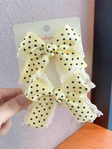 2pcs Polka Dot Lace Pearl Bow Clip, Versatile Daily Wear Accessory, Spring/Summer - Yellow - View 3