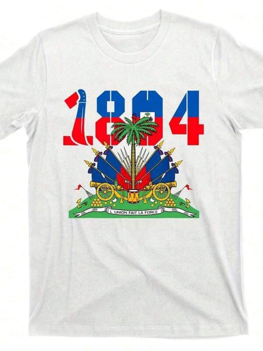 Revolución Haitiana 1804, Día de la Bandera de Haití, Diseño de Independencia, Estilo Urbano de Moda, Camiseta Casual para Hombre, Cuello Redondo, Manga Corta, Cómoda - Negro - Ver 1