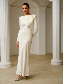 Asymmetric Ruffle Structure Off Shoulder Long Sleeve Dress, Spring/Summer - 白色 - 查看 5