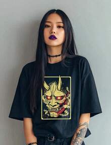 Local -80 Unisex Heavy Cotton Tee With Japanese Demon Graphic Artsy T-Shirt Streetwear Style Unique Gift For Anime Fans - 黑色 - 查看 1