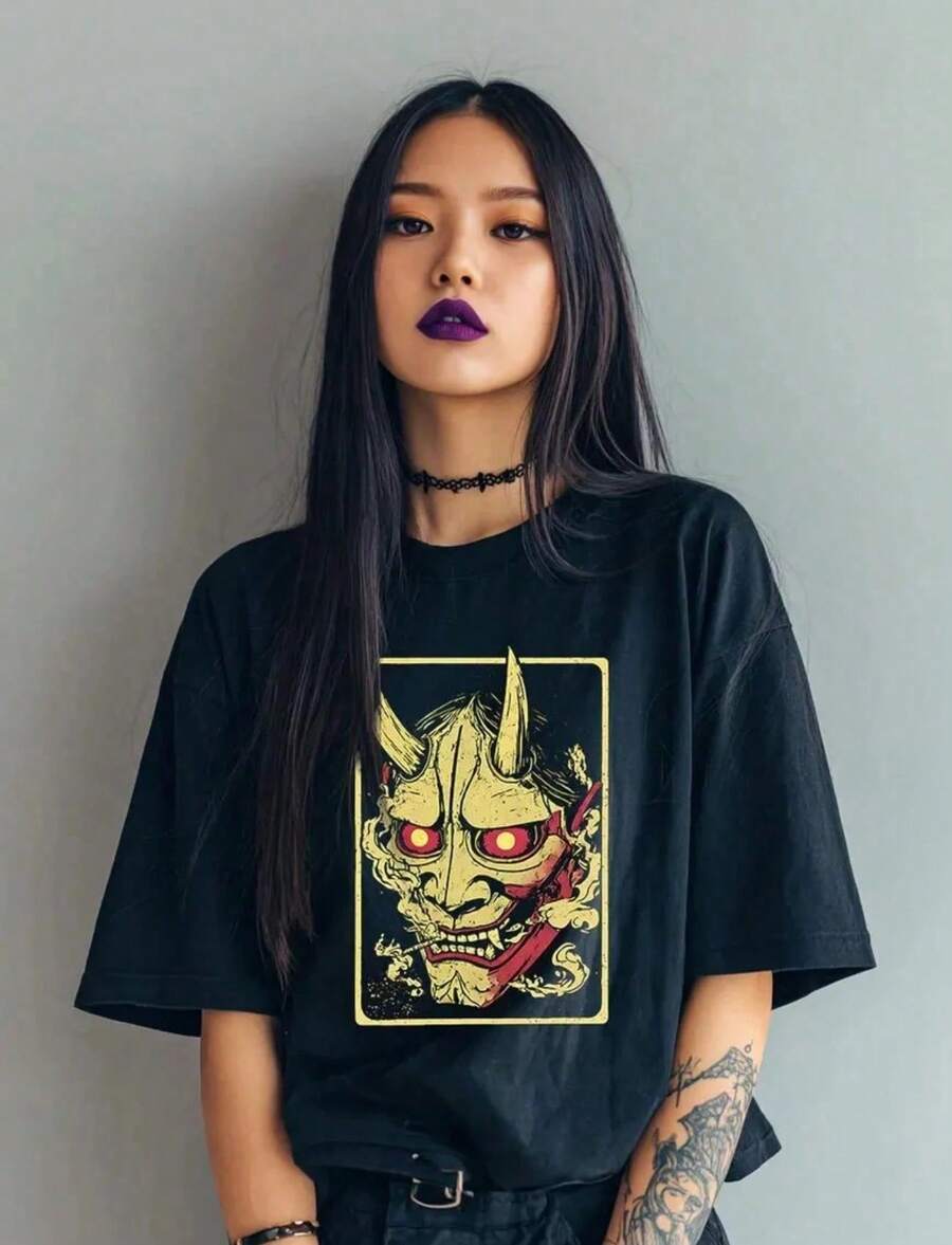 Local -80 Unisex Heavy Cotton Tee With Japanese Demon Graphic Artsy T-Shirt Streetwear Style Unique Gift For Anime Fans - 黑色 - 查看 1