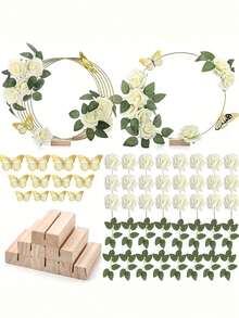 12pcs Wedding Floral Wreath Decoration Kit, Includes Metal Wreath, Wooden Base, Roses, And Artificial Butterflies (Random Design), Suitable For Wedding Tabletop Decorations, Wedding Setups, Party Floral Arrangements, DIY Decorations - One Size Fits All - View 1